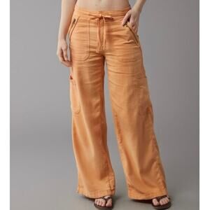 AMERICAN EAGLE | Orange Dreamy Drape Linen-Blend Baggy Wide-Leg Cargo Pant | 18